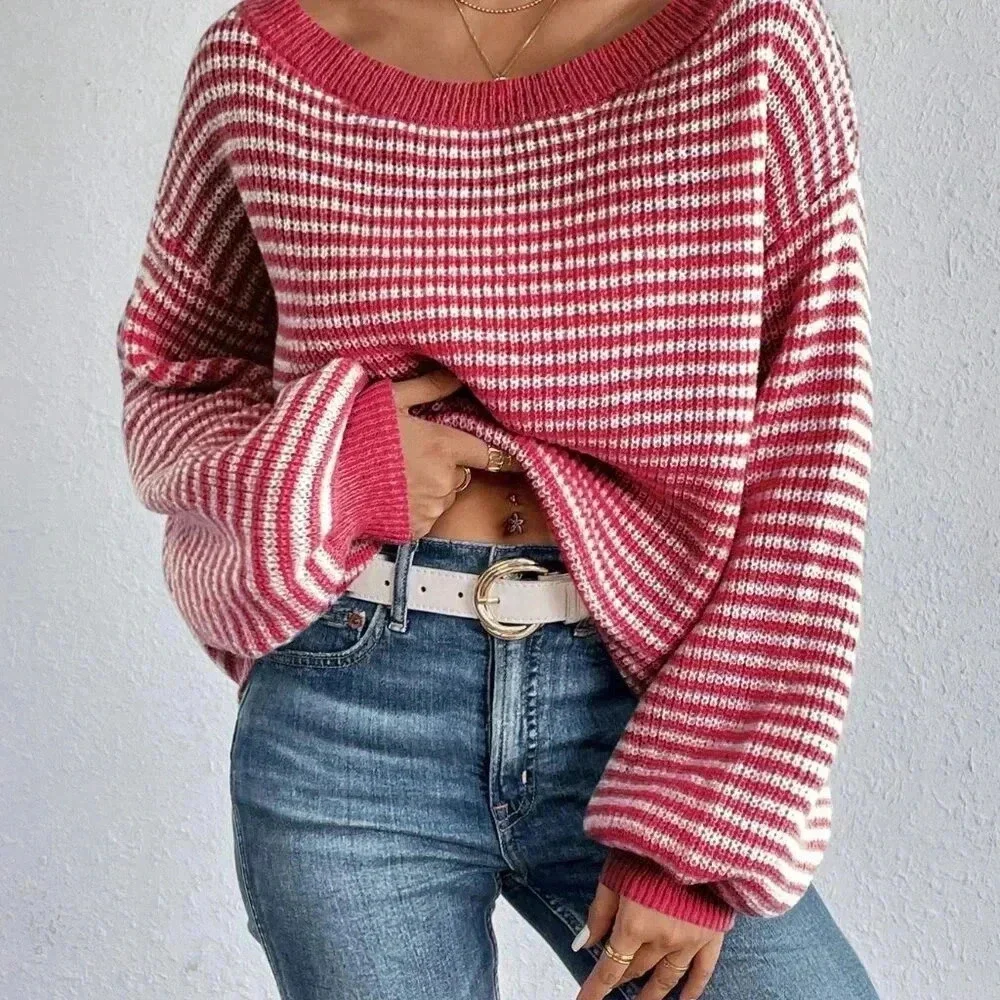 Pink Casual Women's Striped Printed Turtleneck Pullover Sweater